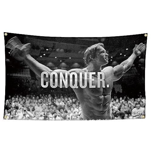 Arnold Schwarzenegger Conquer Motivational Inspirational Office Gym Wall Decor Flag Banner，3x5 Feet Flag Funny Poster Durable Man Cave Wall Flag with Brass Grommets This beautiful entertaining banner