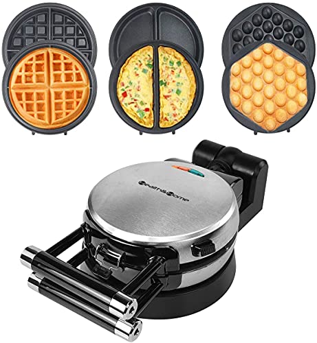 Health and Home 3-in-1 Waffle, Omelet, Egg Waffle Maker, 3 Removable Nonstick Baking Plates, Upgraded 360 Rotating Belgian Maker