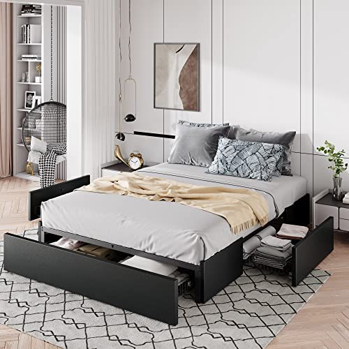 Allewie Queen Size Platform Bed Frame with 3 Storage Drawers, Faux Leather Upholstered, Wooden Slats Support, No Box Spring Needed, Easy Assembly, Black