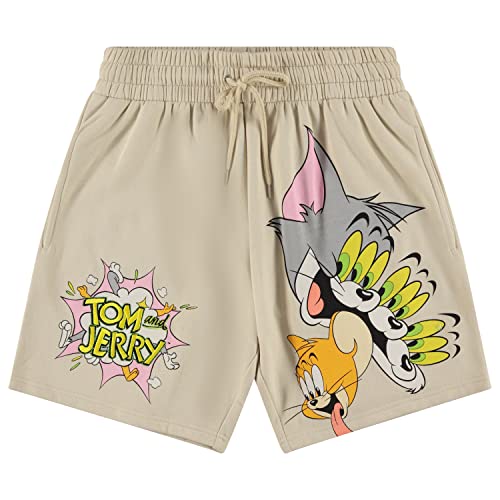 Mens Tom & Jerry Battle Shorts - Classic Hanna-Barbera Shorts - Vintage Cartoon Allover Shorts (Sand, X-Large)