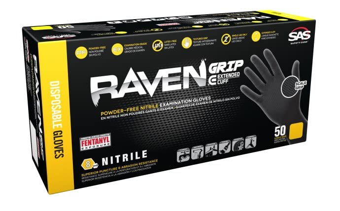 Raven Grip Nitrile Disposable Gloves, Extended Cuff Powder & Latex-Free Exam-Grade Gloves, 8 Mil-Thick, 12-Inch Length, 50-Count Box, Large, Black, by SAS Safety Corp