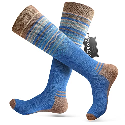 OutdoorMaster Ski Socks 2-Pack Merino Wool, Non-Slip Cuff for Men & Women - Blue, M/L