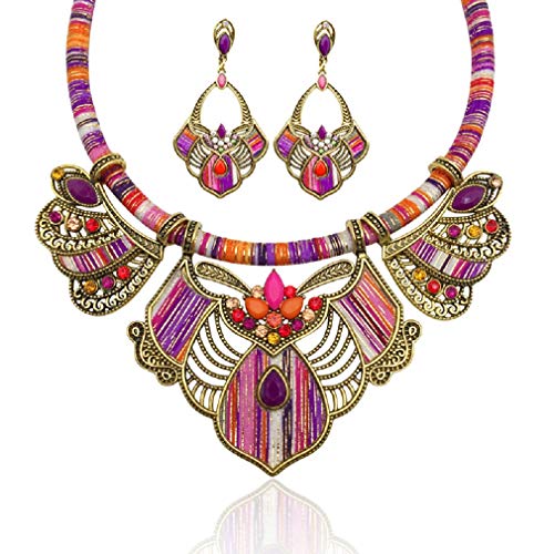 YAZILIND Chunky Necklace Earrings Women's Bohemian Chain Tribal Jewelry Set Handmade Geometric Charm Bib Choker Necklaces