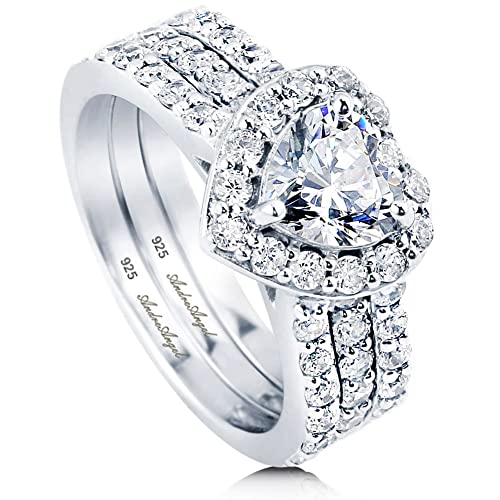 Engagement Ring Set Wedding Rhodium Plated Sterling Silver 925 100% Solid Cubic Zirconia Stones AAAAA+ Alternative to Diamonds 1.25 Carat Promise Anniversary Bridal Valentines Marie's Heart Design