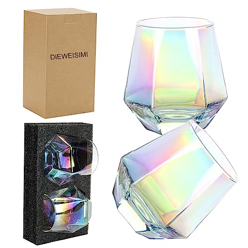 DIEWEISIMI Wine Glasses Set of 2, Diamond Stemless Wine Glasses - Iridescent Glassware