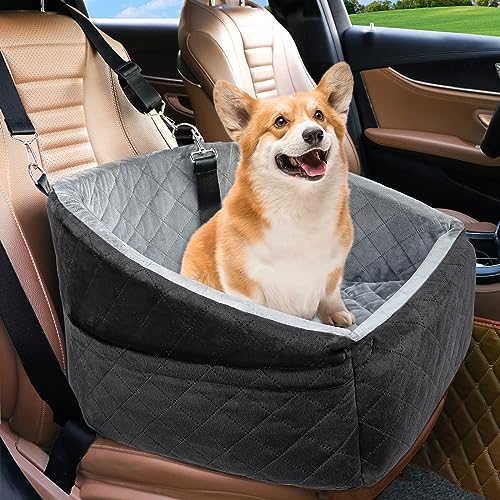 NEEZUKAR Dog Car Seat for Small Dogs,Detachable Washable Dog Booster Seat Under 35lbs, Pet Car Seat Travel Bed with Storage Pockets and Dog Safety Belt (Black/Grey)