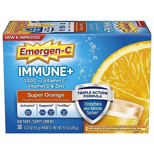 Emergen-C Immune+ Triple Action Immune Support Powder, BetaVia (R), 1000mg Vitamin C, B Vitamins, Vitamin D and Antioxidants, Super Orange – 30 Count