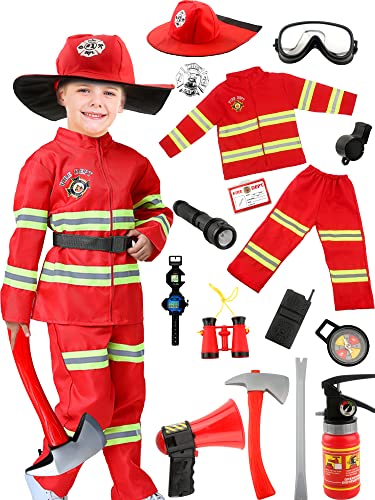 17 Pieces Kids Fireman Costume Set Dress Up Outfits Fire Chief Cosplay for Boys Firefighter Pretend Play Halloween