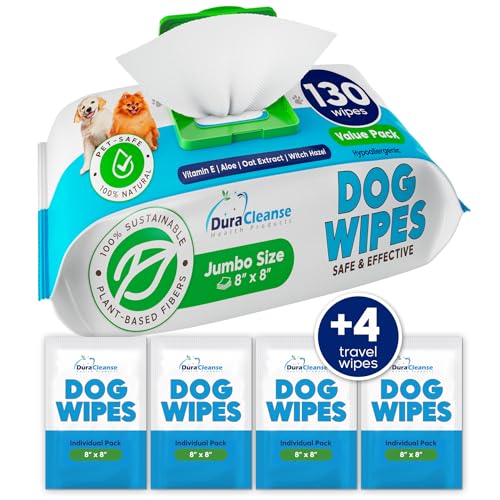 Dog Wipes for Paws and Butt - 130 Count + 4 Travel Puppy Wipes - 8' x 8' Large Dog Grooming Bath Wipes | Hypoallergenic Dog Face Wipes, Extra Thick Cleaning Deodorizing Pet Wipes for Dogs, Cats, Pets