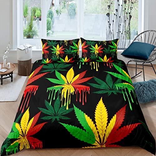 Marijuana Weed Leaf Duvet Cover Cannabis Leaves Bedding Set Colorful Marijuana Leaf Comforter Cover for Men Adults Bedroom Decor Bright Leaves Pattern Bedspread Cover Queen Size With 2 Pillow Case