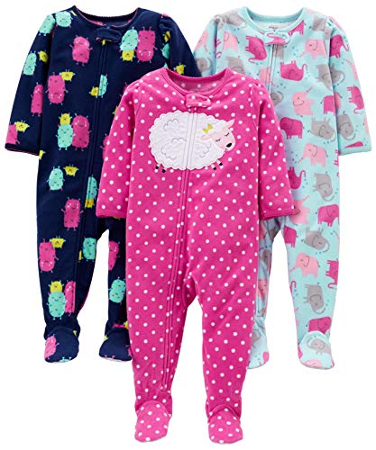 Simple Joys by Carter's Baby Girls' 3-Pack Loose Fit Flame Resistant Fleece Footed Pajamas, Blue Elephant/Navy Monster/Pink Dots, 5T