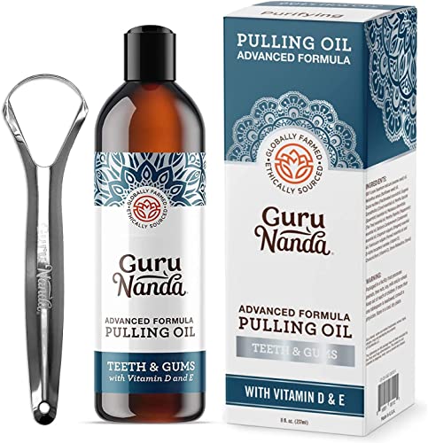 GuruNanda Advanced Oil Pulling with Tongue Scraper - Natural Alcohol-Free Mouthwash with Coconut Oil, Vitamins D & E for Healthy Teeth & Gums(8 Fl Oz)