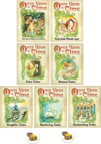 Once Upon A Time Card Game Bundle with Base Game and Six Expansions Plus 2 Treasure Chest Buttons