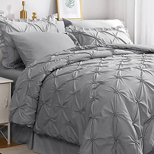 JOLLYVOGUE Queen Comforter Set 7 Pieces, Pintuck Gray Bed in a Bag Comforter Set for Bedroom, Beddding Sets with Comforter, Sheets,Ruffled Shams & Pillowcases