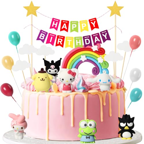 Lidmada 20Pcs Rainbow Kitty Cake Topper Banner Hello Birthday Party Cake Decorations Supplies Set, Mini Colorful Clouds Stars Party Decors Favors for Kids Girls Boys Baby Shower Happy Birthday