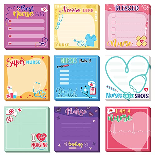 Whaline Nurse Notepad Nurse Sticky Notes Medical Themed Memo Pad Self-Stick Notes Funny Notes Message Reminder Pads for Nurse Appreciation Gifts Office School Home Supplies, 9Pcs