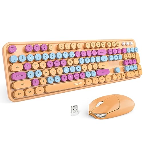 MOFII Wireless Keyboard and Mouse Combo, Retro Wireless Keyboard with Round Keycaps, 2.4GHz Dropout-Free Connection, Cute Wireless Mouse for PC/Laptop/Windows XP/7/8/10 (Orange-Colorful)