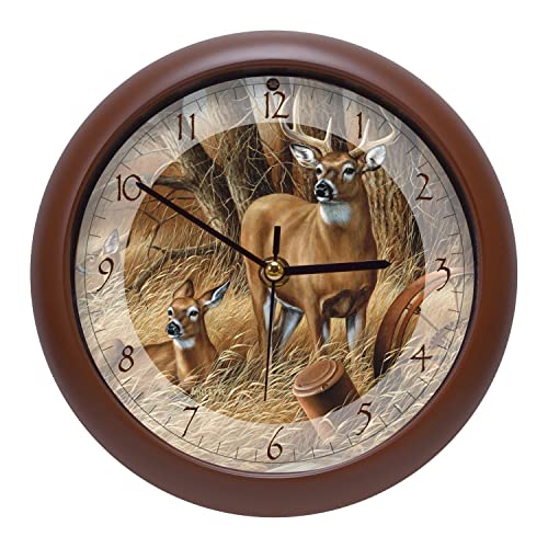 Mark Feldstein & Associates Wild Wings Rustic Retreat Whitetail Deer Nature Sounds Clock, 8 Inch, Brown, for Wall or Desk