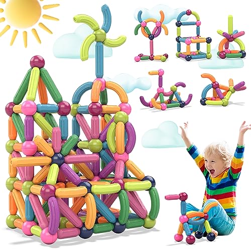 Aomola Mangnetic Blocks Toys for Toddlers 1-3 Year Old, 74 PCS Magnetic Balls and Rods Set Building Sticks Blocks DIY 3D Educational Toys for Kids, Montessori Toys Gifts for Boys Girls Age 1 2 3 4