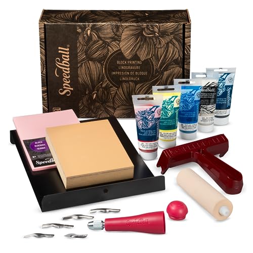 Speedball Deluxe Block Printing Kit - Includes Inks, Brayer, Bench Hook, Lino Handle and Cutters, Speedy-Carve Block, Mounted Linoleum Block