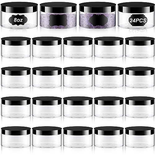 Dandat 24 Pcs PET Plastic Cosmetic Containers Leak Proof Empty Cosmetic Jars with Lid and Label Refillable Storage Travel Jars for Lotion Cream Gel Powder Ointment (Clear,8 oz)