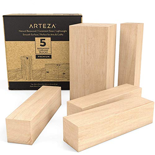 Arteza Basswood Carving Blocks, Set of 5 Pieces, One 4 x 2 x 2 Inches and Four 4 x 1 x 1 Inches Blocks, Art Supplies for Carving, Crafting, Whittling and Christmas Craft Projects
