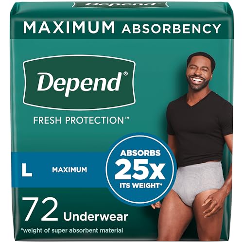 Depend Fresh Protection Adult Incontinence Underwear for Men (Formerly Depend Fit-Flex), Disposable, Maximum, Large, Grey, 72 Count (2 Packs of 36), Packaging May Vary