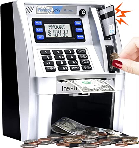 Fishboy Upgraded ATM Piggy Bank for Real Money for Kids with Debit Card, Bill Feeder, Coin Recognition, Balance Calculator, Digital Electronic Savings Safe Machine Box