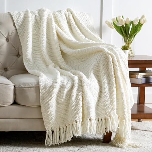 Bedsure Ivory White Throw Blankets for Couch, Textured Knit Woven Blanket, 50x60 Inch - Super Soft Warm Decorative Blanket with Tassels for Couch, Bed, Sofa and Living Room