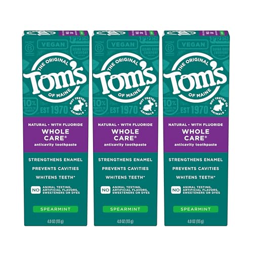 Tom's of Maine Whole Care Natural Toothpaste with Fluoride, Spearmint, 4 Ounce (Pack of 3), (Packaging May Vary)