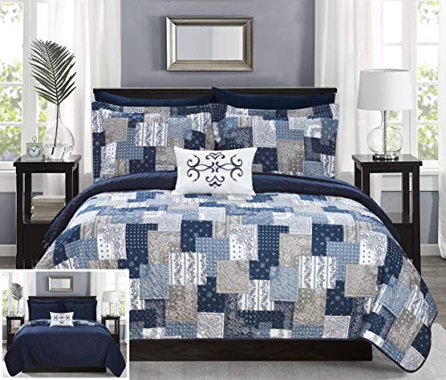 Chic Home BQS11374-AN Eliana 4 Piece Reversible Coverlet Set Embossed Patchwork Bohemian Paisley Print Quilted Design Bedding-Decorative Pillow Shams Included, King, Blue