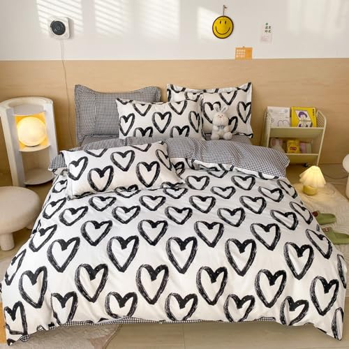 Wellboo Love Comforter Sets Full Black and White Bedding Comforters Cotton Women Girls Heart Shaped Bed Quilts Brush Ink Love Pattern Quilts Adults Girls Modern Kawaii Black White Dorm Comforters