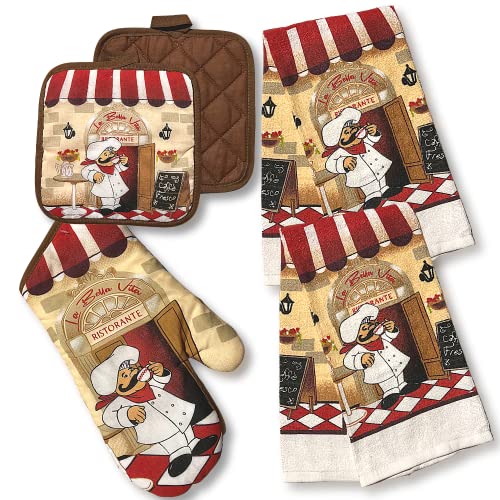 Chef Themed Kitchen Towel Set with 2 Quilted Pot Holders 2 Dish Towels and 1 Oven Mitt