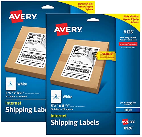 Avery Printable Shipping Labels, 5.5' x 8.5', White, 50 per Pack, 2 Packs, 100 Blank Mailing Labels (8126)