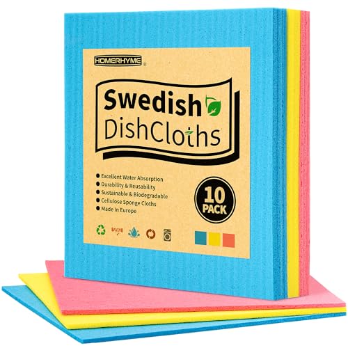 HOMERHYME Swedish Dish Cloths - Pack of 10, Cellulose Swedish Sponge Dishcloths, Absorbent Swedish Dishtowels for Kitchen, Non-Scratch, Reusable Kitchen Cloth, Multi-Surface Swedish Dish Towels