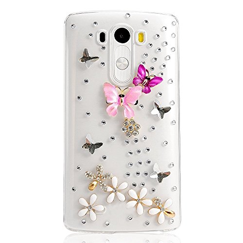 LG G Stylo Case, Sense-TE Luxurious Crystal 3D Handmade Sparkle Diamond Rhinestone Cover with Retro Bowknot Anti Dust Plug - Dance Butterfly Flowers/Colorful