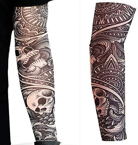 2 x Tattoo arm sleeves fake nylon elastic stocking full arm skulls halloween stretchy adult gotihic slip on biker goth gothic roses tribal 80's punk heavy metal rocker fancy dress cosplay