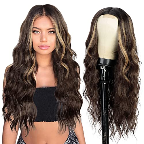 N NAYASA Long Wavy Middle Part Wig for Women Synthetic Curly Wigs Natural Wavy Heat Resistant Wig for Daily Party Use (Brown Mixed Blonde,24inch)