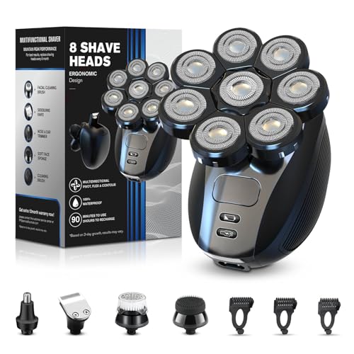 Mr.wintek Head Shavers for Bald Men, Upgraded 8 Floating Heads, 5-in-1 Head Electric Razor with Nose Hair Sideburns Trimmer, IPX5 Waterproof Wet/Dry Mens Grooming Kit, USB Rechargeable