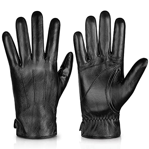 Alepo Genuine Sheepskin Leather Gloves For Men, Winter Warm Touchscreen Texting Cashmere Lined Driving Motorcycle Gloves (Black-S)