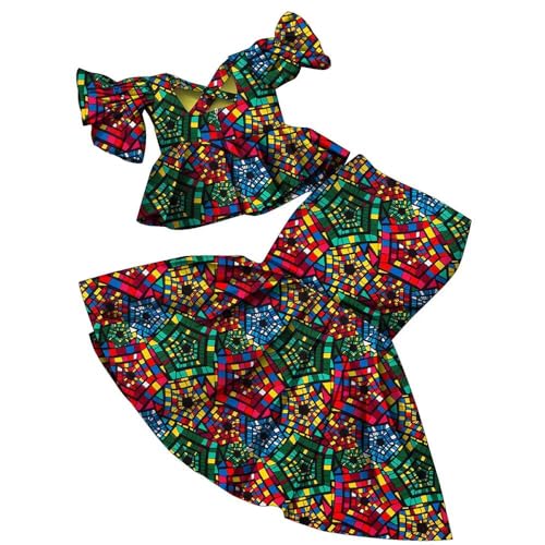 XIAOHUAGUA Kente Kids Girls 2 Piece Skirt Top Set African Print Outfits Ankara Suit African Ghana Tribal Clothing