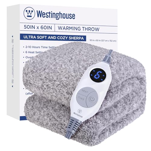 Westinghouse Electric Blanket Throw Size, Soft Plush Sherpa Heated Blanket with 6 Heating Levels & 2-10 Hours Auto-Off, Machine Washable, 50x60 inches, Light Grey