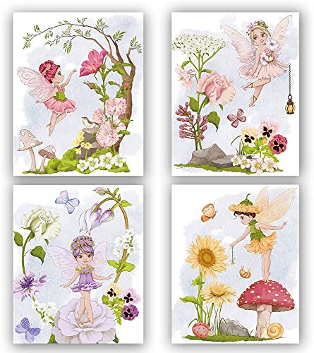 TANXM Fairy Garden Wall Art, Magic Fairy Poster, Flower Fairy Print,Fantasy Nature Poster,Psychedelic Fungi Wall Decor, Girls Room Decor - Set of 4(8'X10', No Frame