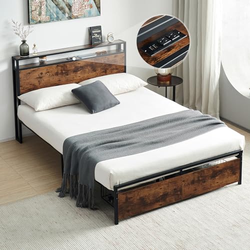 Virabit Bed Frame Full Size with Drawers, Full Platform Bed Frame with Headboard and Power Outlets, No Box Spring Needed, Easy Assemble(Brown).