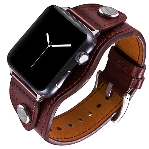 Vikoros Compatible with Apple Watch Band 44mm 42mm 45mm Leather Bracelets for Men Women, Wide Sport Straps Wristbands for iWatch Series 7/6/5/4/3/2/SE Red Brown