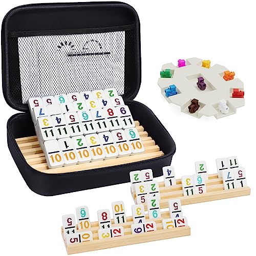Mexican Train Dominoes Set with Numbers and 4 Wooden Trays/Racks, Double 12 Dominos Travel Set with 4 Tiles Holders, 91 Tiles Double 12 Colored Dominoes Game Set with Portable Case for Families Kids