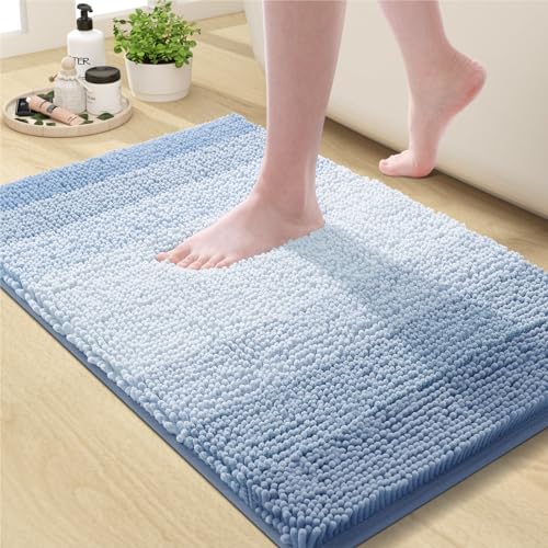 OLANLY Bathroom Rug, Extra Soft Chenille Thick Absorbent Shaggy Mat, Non-Slip Machine Wash Dry Plush Bath Mats for Bathroom, Tub and Shower (24 x 16 Inch, Blue)