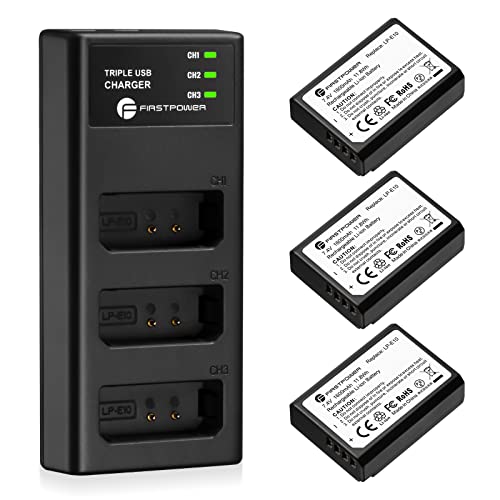 FirstPower LP-E10 Battery 3-Pack and Triple Slot Charger Compatible with Canon EOS Rebel T3 T5 T6 T7 T100 Kiss X50 X70 X80 X90 1100D 1200D 1300D 1500D 4000D Digital Cameras