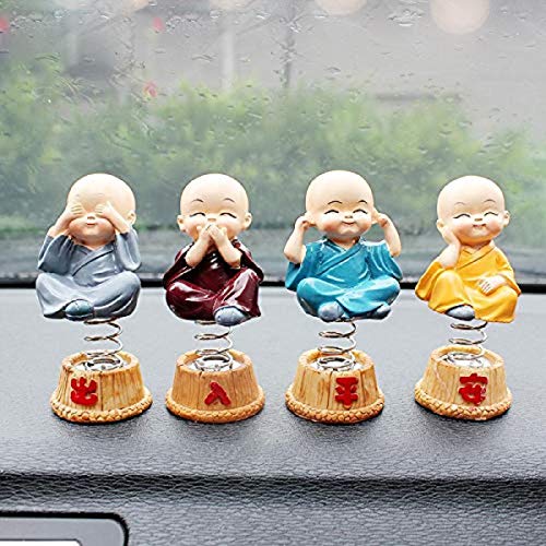 NYRWANA DELIVERING SMILES IN INIDA Handmade Ceramic Baby Monk Buddha with Shaking Head Spring Showpiece for Car Dashboard Decoration - (Standard) - Set of 4