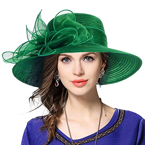 Women Derby Church Dress Hat Wide Brim Leaf Flower Bridal Shower Hat (Green2)